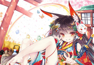 Картинка аниме животные +существа девушка фон взгляд