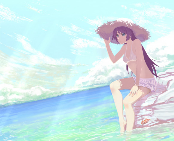 Обои картинки фото аниме, bakemonogatari, взгляд, девушка, фон