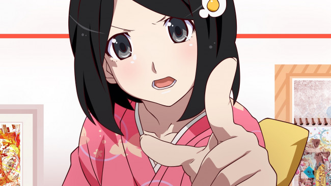 Обои картинки фото аниме, bakemonogatari, девушка, взгляд, фон