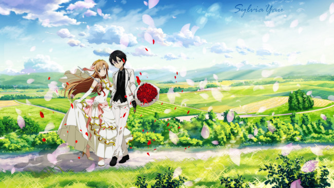 Обои картинки фото аниме, sword art online, парень, взгляд, девушка, фон