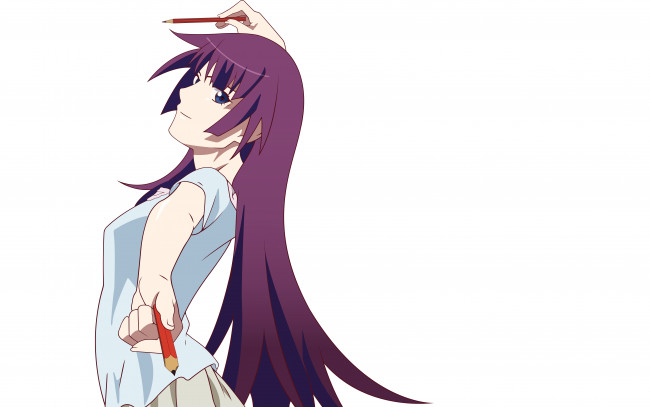 Обои картинки фото аниме, bakemonogatari, девушка, взгляд, фон