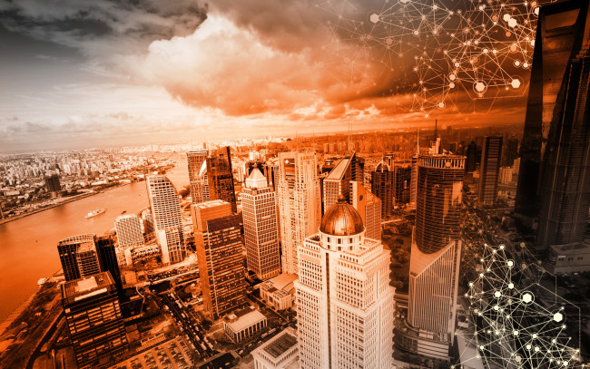 Обои картинки фото разное, компьютерный дизайн, графика, дома, цвет, панорама, тучи, река, здания, город