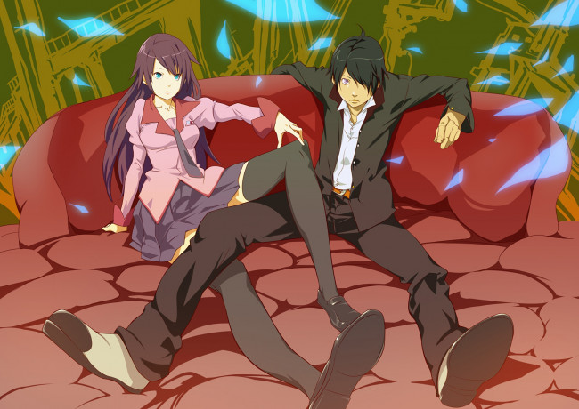 Обои картинки фото аниме, bakemonogatari, фон, взгляд, девушка