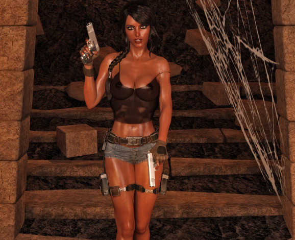 Обои картинки фото 3д графика, фантазия , fantasy, оружие, фон, взгляд, девушка