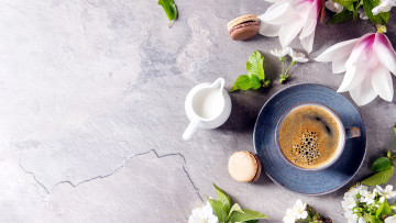 Картинка еда кофе +кофейные+зёрна макаруны магнолия