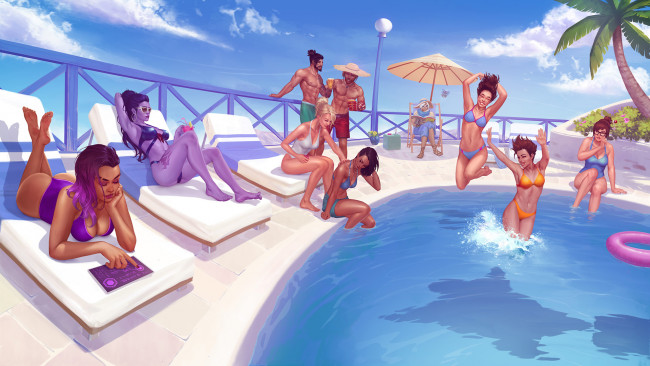 Обои картинки фото видео игры, overwatch, мужчины, фон, бассейн, девушки