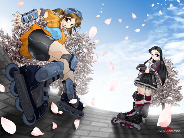 Обои картинки фото аниме, *unknown, другое, девушки, небо, облака, лепестки, ролики, дорога