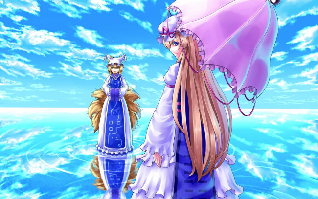 Обои картинки фото аниме, touhou, девушки, кошки, вода, море, зонтик