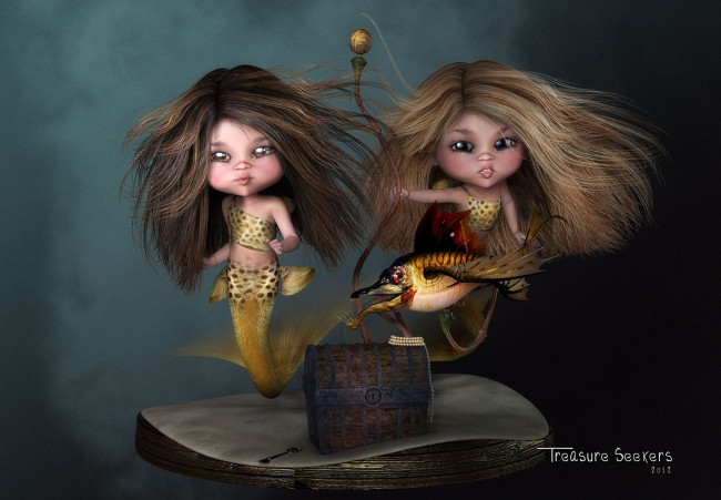 Обои картинки фото 3д, графика, fantasy, фантазия, сундук, русалки, ключ, риба