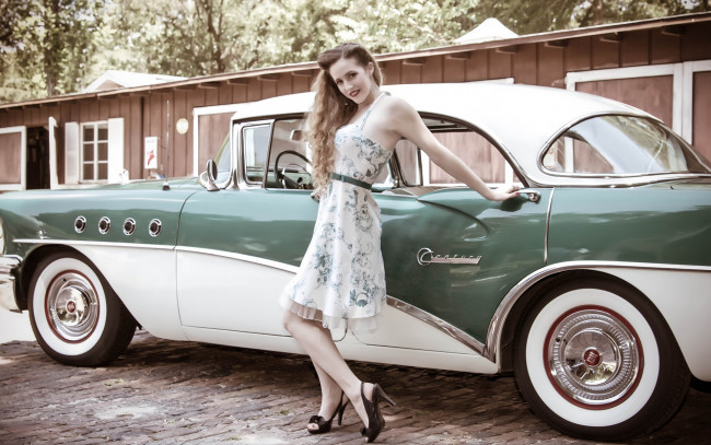 Обои картинки фото автомобили, авто, девушками, платье