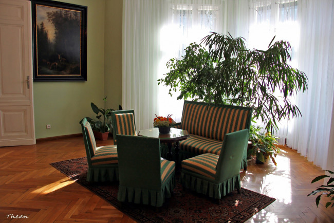 Обои картинки фото интерьер, гостиная, букет, стулья, стол, картина