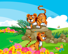 обоя векторная графика, луг, облака, бабочки, тигрята, цветы, природа, небо, камни