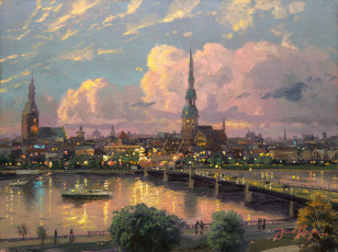 Картинка sunset+over+riga +latvia рисованные thomas+kinkade даугава река мост закат рига город томас кинкейд