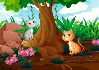 обоя векторная графика, небо, облака, дерево, котята, природа, цветы, камни, трава