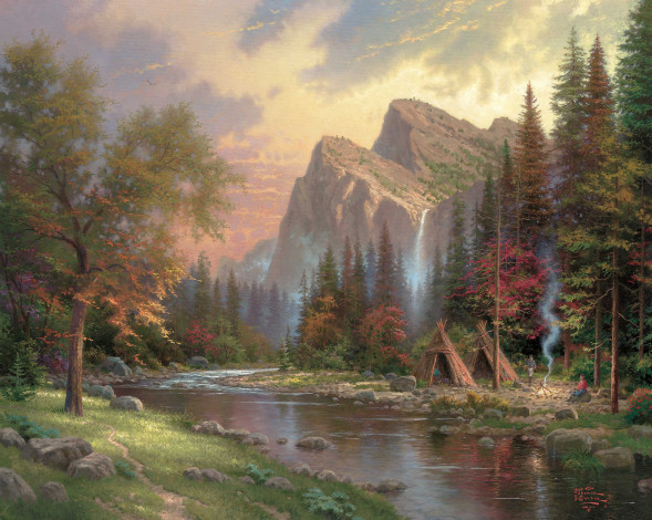 Обои картинки фото the mountains declare his glory, рисованные, thomas kinkade, томас, кинкейд, шалаш, юрта, костер