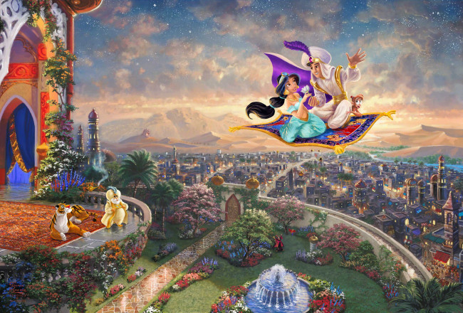 Обои картинки фото aladdin, рисованные, thomas kinkade, аладдин, томас, кинкейд, жасмин, принцесса