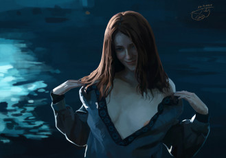 Картинка рисованное люди улыбка взгляд рыжая живопись эротика арт вода девушка