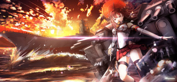Картинка аниме kantai+collection закат море kancolle magicians арт девушка kantai collection оружие yamato корабль небо облака