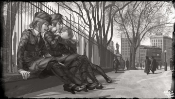 Картинка аниме unknown +другое genso деревья военная люди улица чёрно-беая забор форма парень арт девушки