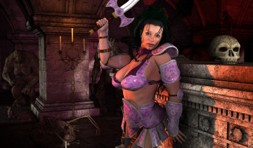 Картинка 3д+графика фантазия+ fantasy существа череп оружие фон взгляд девушка