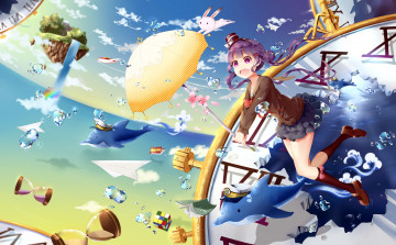 Картинка аниме животные +существа часы небо пузырьки кролик дельфин девочка зонт shakugan natural stay арт