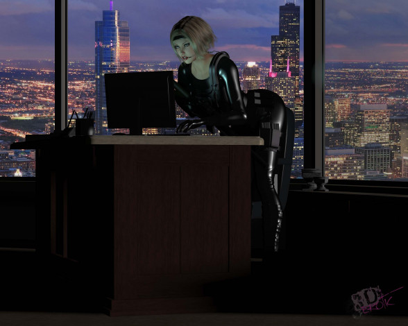 Обои картинки фото 3д графика, фантазия , fantasy, фон, взгляд, девушка, интерьер, стол