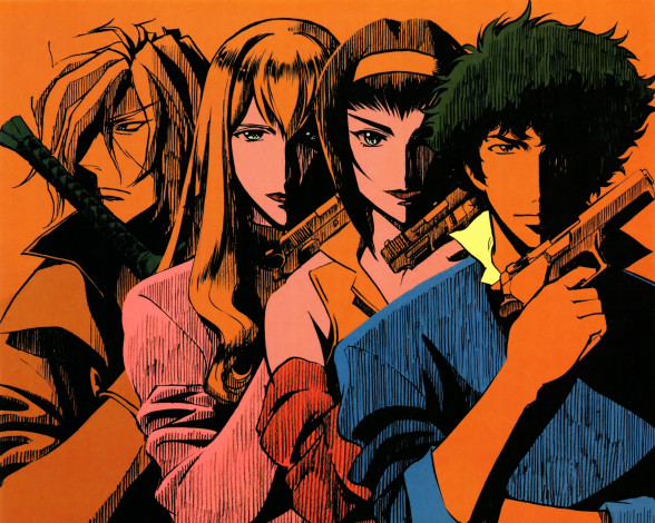 Обои картинки фото аниме, cowboy bebop, меч, пистолет, оружие, julia, vicious, spike, spiegel, faye, valentine