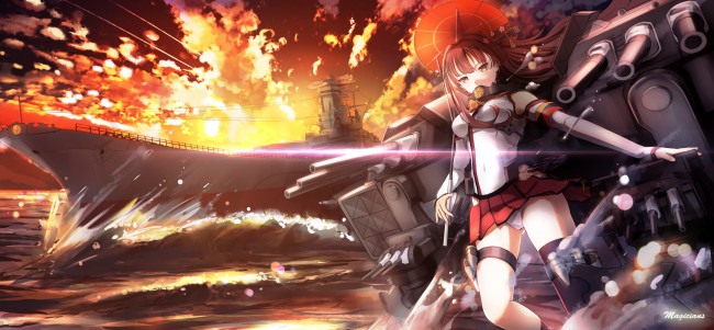 Обои картинки фото аниме, kantai collection, закат, море, kancolle, magicians, арт, девушка, kantai, collection, оружие, yamato, корабль, небо, облака