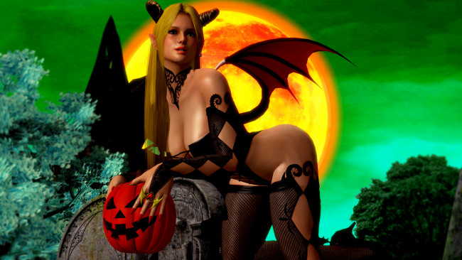 Обои картинки фото 3д графика, праздники , holidays, тыква, демон, фон, взгляд, девушка