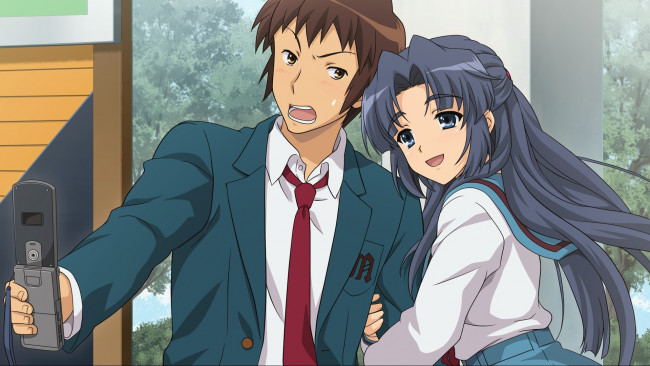 Обои картинки фото аниме, the melancholy of haruhi suzumiya, телефон, девушка, suzumiya, haruhi, no, yuutsu, asakura, ryouko, парень, kyon