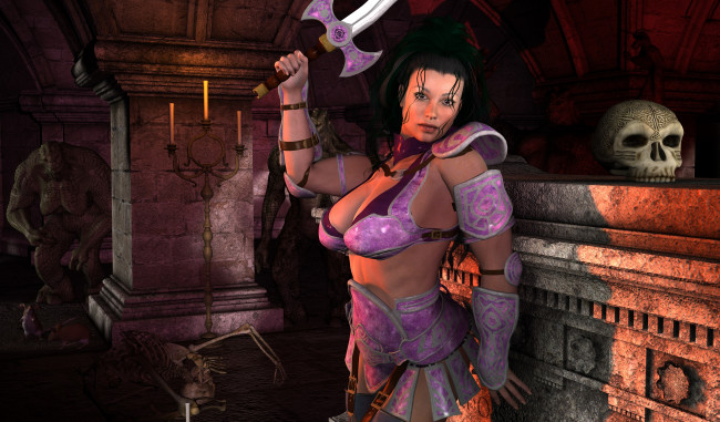 Обои картинки фото 3д графика, фантазия , fantasy, существа, череп, оружие, фон, взгляд, девушка