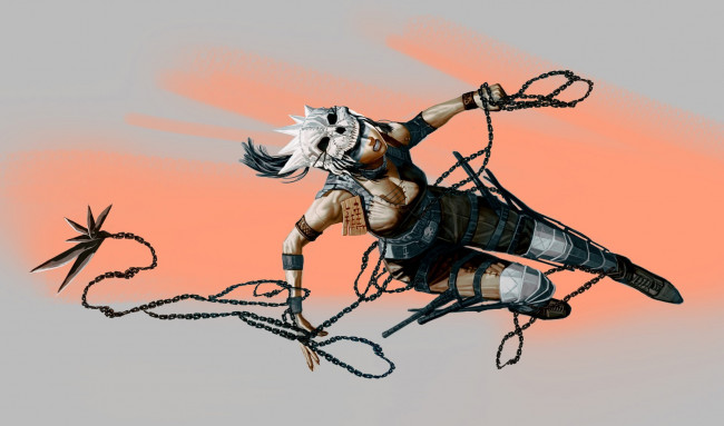 Обои картинки фото фэнтези, девушки, череп, злоба, бежит, девушка, арт, фон, цепи, эротика