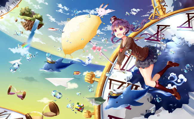 Обои картинки фото аниме, животные,  существа, часы, небо, пузырьки, кролик, дельфин, девочка, зонт, shakugan, natural, stay, арт