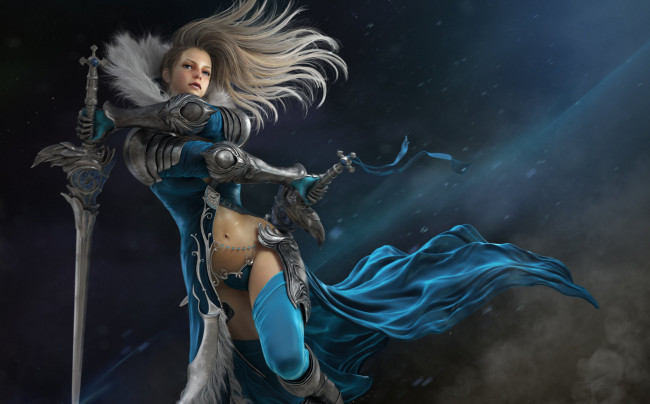 Обои картинки фото фэнтези, девушки, фоспехи, волосы, взгляд, меч, арт, эротика, оружие, платье