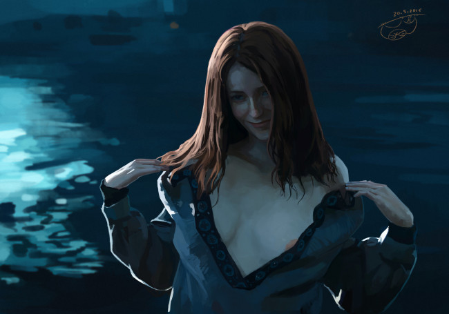 Обои картинки фото рисованное, люди, улыбка, взгляд, рыжая, живопись, эротика, арт, вода, девушка