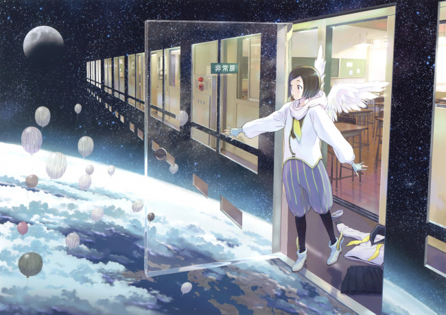 Обои картинки фото аниме, ангелы,  демоны, шары, ангел, дверь, планеты, космос, арт