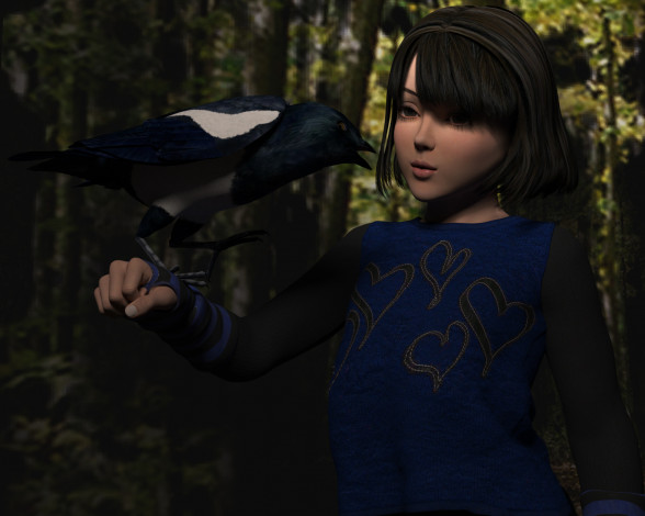 Обои картинки фото 3д графика, фантазия , fantasy, девушка, взгляд, фон, ворона