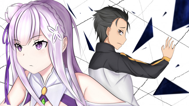 Обои картинки фото аниме, re,  zero kara hajimeru isekai seikatsu, девушка, парень, фон, взгляд