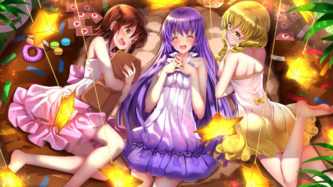 Обои картинки фото sansha sanyou, аниме, грудь, фон, девушки, взгляд