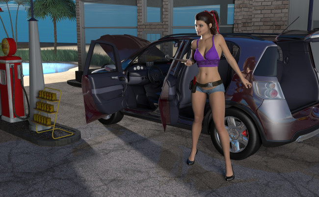 Обои картинки фото 3д графика, люди-авто, мото , people- car ,  moto, взгляд, девушка, автомобиль, фон