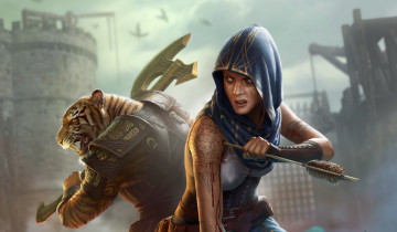 Картинка фэнтези красавицы+и+чудовища топор капюшон арт воин тигр девушка фантастика стрела