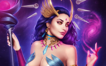 Картинка фэнтези девушки lana solaris красавица волосы фантастика грудь посох арт взгляд маг