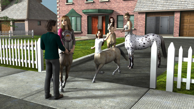 Обои картинки фото 3д графика, существа , creatures, фон, парень, кентавры, взгляд, девушки