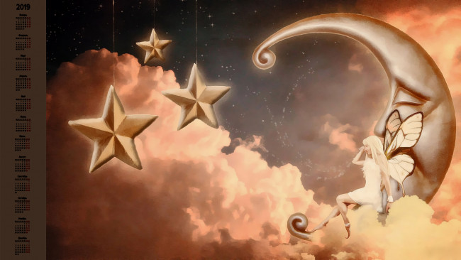 Обои картинки фото календари, фэнтези, луна, звезда, крылья, девушка