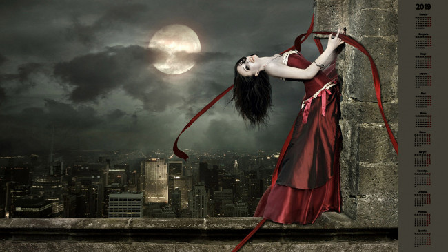 Обои картинки фото календари, фэнтези, ночь, здание, взгляд, девушка