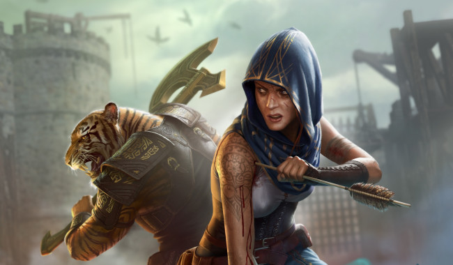 Обои картинки фото фэнтези, красавицы и чудовища, топор, капюшон, арт, воин, тигр, девушка, фантастика, стрела
