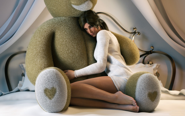 Обои картинки фото 3д графика, люди , people, tomb, raider, ноги, девушка, lara, croft, рендеринг, медведь, взгляд, красота, плюшевый, мишка