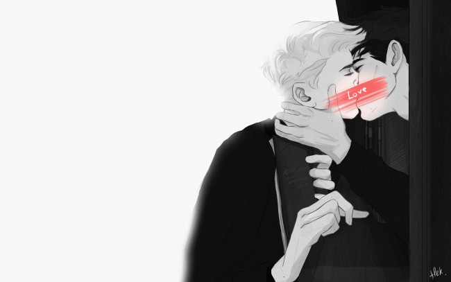 Обои картинки фото рисованное, кино,  мультфильмы, драко, малфой, гарри, поттер, поцелуй