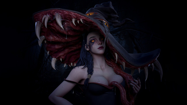 Обои картинки фото фэнтези, красавицы и чудовища, зубастая, шляпа, красивая, девушка, нейроарт, нейронные, сети