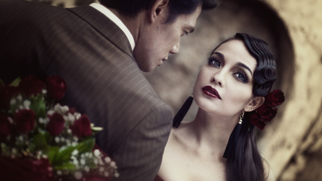 Обои картинки фото разное, мужчина женщина, пара, лица, букет